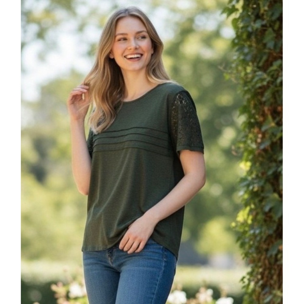 Automet Women Olive Green Crochet Lace Short Sleeve Pintuck Top XL